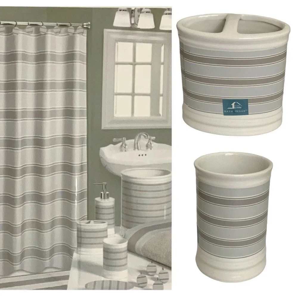 Striped Fabric Shower Curtain Ceramic Accessories 3 Pieces White Grey Tan Khaki